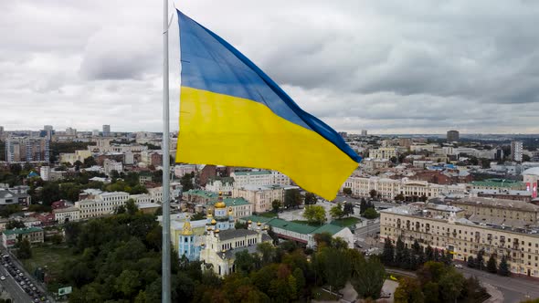 Flag of Ukraine, Kharkiv city center autumn aerial