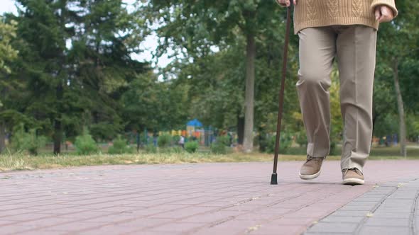 Active Female Pensioner With Stick Walking Park, Healthy Recreation, Retirement