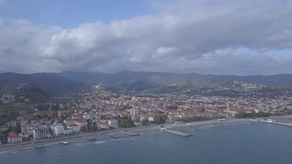 Diano Marina in Liguria aerial view. Mediterranean sea coast summer blue sky, travel tourism destina alt