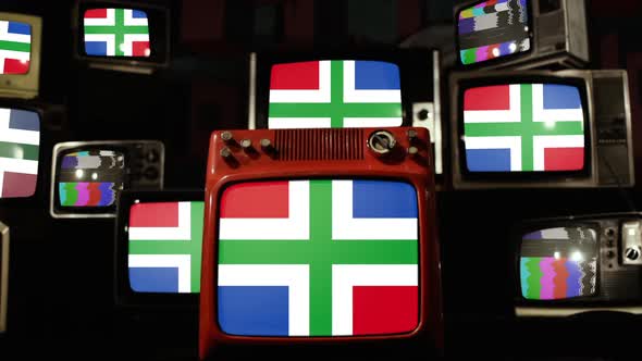 Flag of Groningen, province of the Netherlands, and Retro TVs. alt