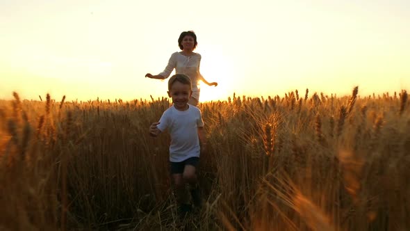 A Happy Mother and Her Child Are Running Across a Field of Wheat During Sunset alt