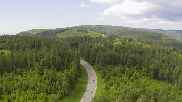 Aerial View Flying Over Two Lane Forest Road with Car Moving Green Trees of Woods Growing Both Sides alt