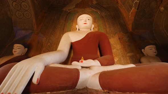 Old Buddha Statue in Traditional Burmese Temple. Buddhism Religion Concept Footage. Slowmotion alt