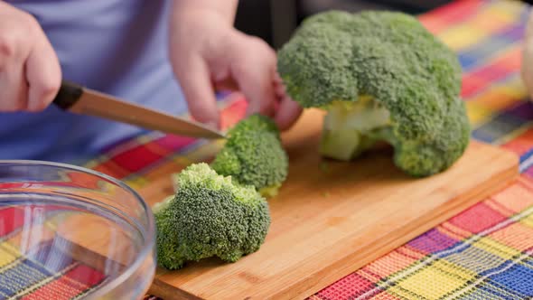 Elder Caucasian Woman Cutting Raw Green Broccoli on Bamboo Cutting Board alt