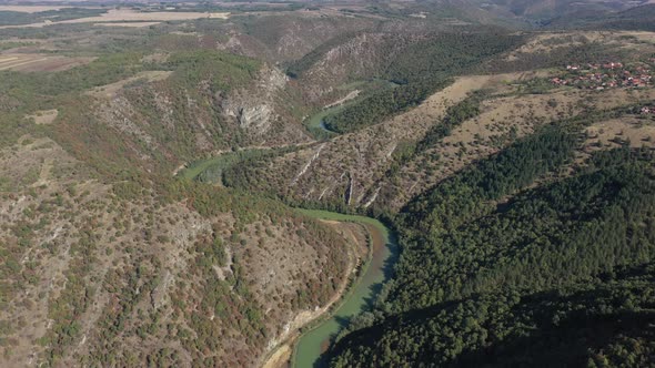 Meandering flow of Timok river in Eastern Serbia 4K drone video