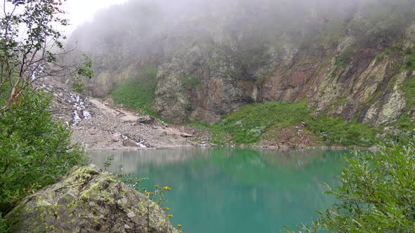 View lake scenes in mountains, national park Dombay, Caucasus