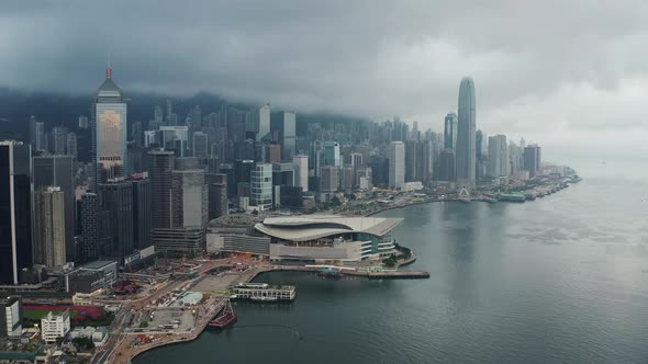 Aerial View drone 4k footage Of Modern Skyscrapers In Hong Kong. alt