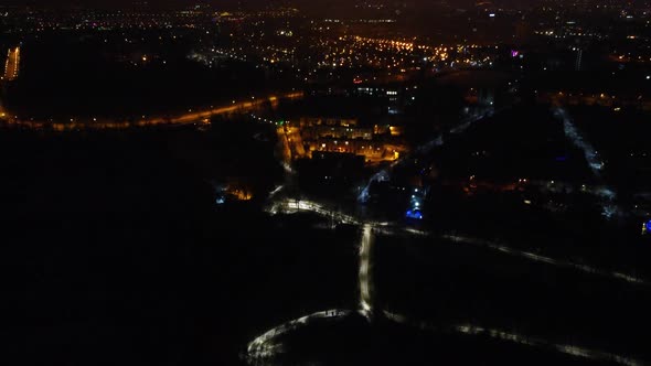 Aerial night lights Kharkiv. Fly above Sarzhyn Yar