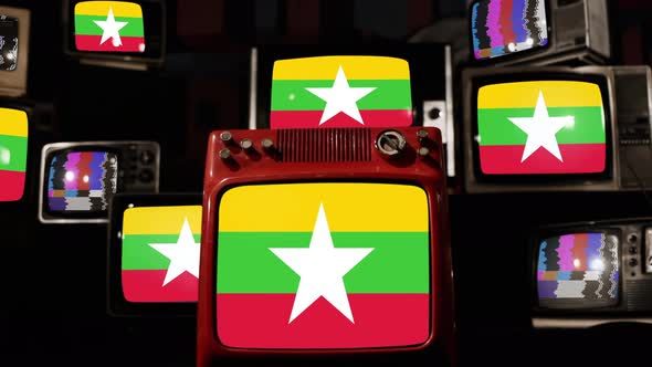 Flag of Myanmar on Retro TVs. 4K.