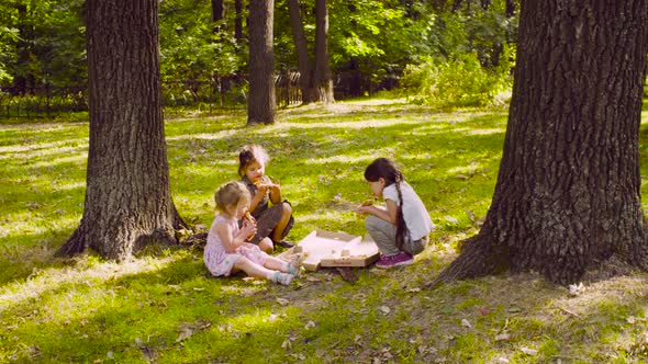 Three girls sitting in the park and eating pizza