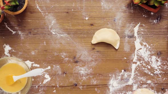 Flat lay. Step by step. Making home made vegetarian empanadas with corn. alt