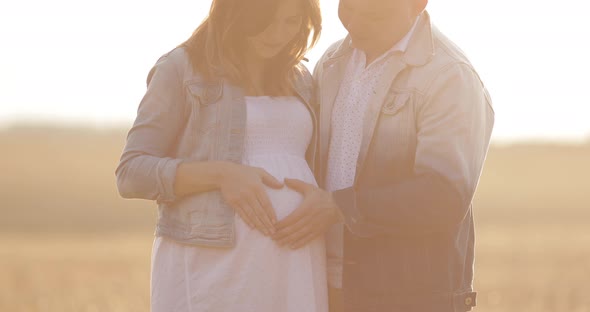 Close-up Happy Future Parents Showing Heart Shape on Tummy Kissing at Outdoor Park