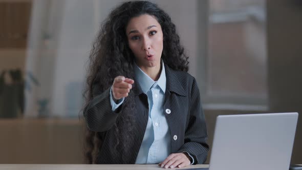 Expressive Smiling Arabian Lady Business Woman Team Leader Emotionally Talking at Camera Point Index alt