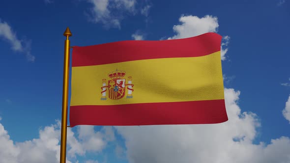 National flag of Spain waving with flagpole and blue sky timelapse, Spain flag alt