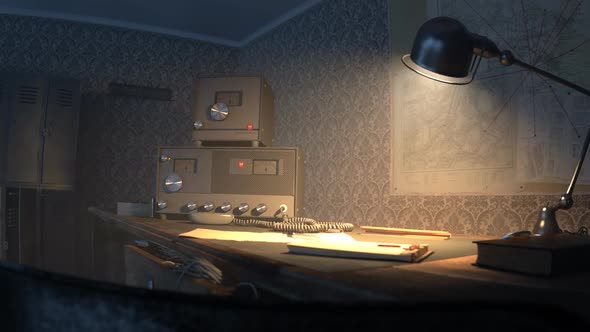 Retro room with vintage radio station standing on the desk under obsolete lamp. alt