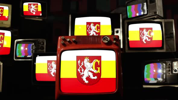 Flag Of Hradec Kralove, Czech Republic, on Retro TVs.
