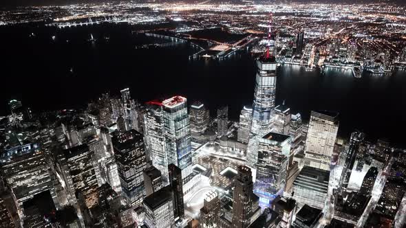 New York City, USA, Real-time video - Wide Angle Aerial video of the One World Trade Center at Night
