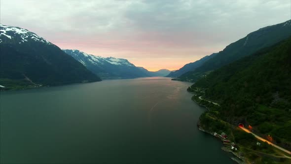 Famous Hardanger fjord, Norway, in the evening, aerial footage