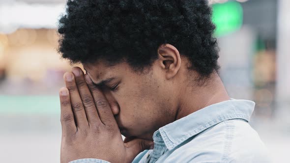 Close Up Troubled Stressed African American Man Cover Face with Hands Feeling Mental Pressure Worry alt