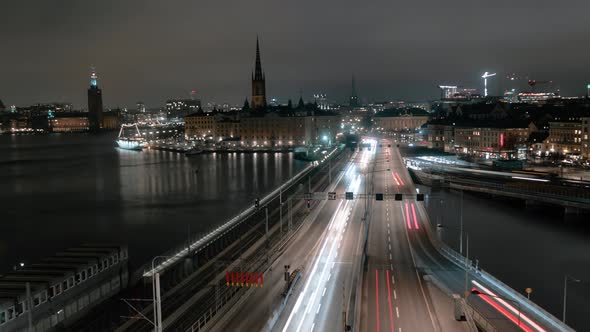 Highway Traffic Through Stockholm City Time Lapse At Night 