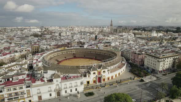 Emblematic and iconic Maestranza bullring in Seville, Spain; aerial pan