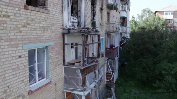 Aerial View of a Destroyed Building in the City of Makariv Ukraine alt