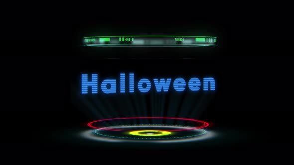 HALLOWEEN text in HUD hologram. Technology of the future screen