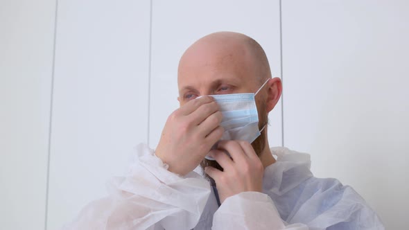 A Bald Bearded Male Doctor Puts on a Suit to Work in the Infectious Disease Department of a Hospital alt