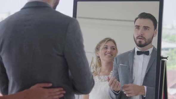 Happy Bride and Groom in Wedding Dress Prepare for Married in Wedding Ceremony alt