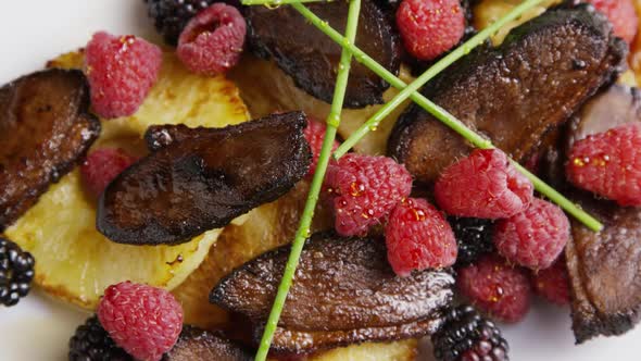 Rotating - Smoked Duck Bacon with Grilled Pineapple, Raspberries, Blackberries and Honey alt