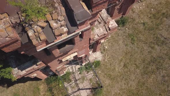 Aerial View of Old Ruined Building From Red Brick at Summer Day