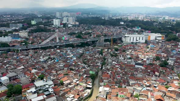 Approaching Pasupati Cable-stayed bridge in Bandung, West Java Indonesia with vehicle traffic during alt