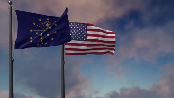 Indiana State Flag Waving Along With The National Flag Of The USA  - 2K alt