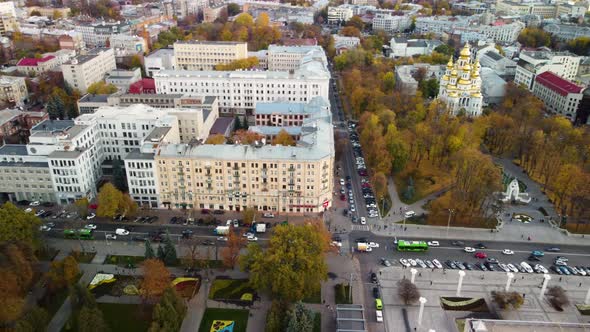 Autumn aerial city center streets, Kharkiv Ukraine