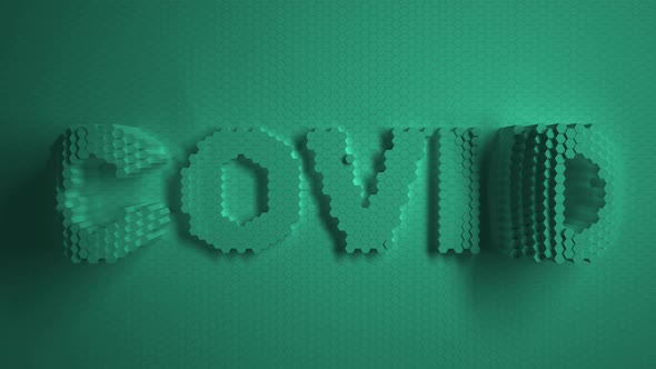 Covid Logo text Green mosaic surface with moving hexagons