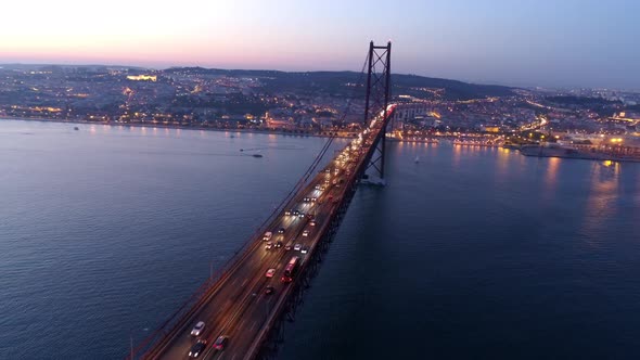 Aerial Footage Illuminated 25Th April Bridge in Twilight