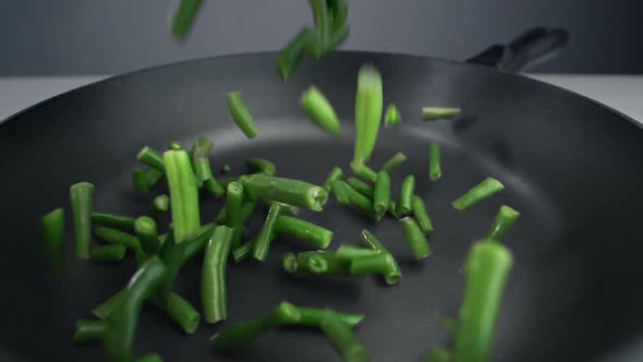 French Beans Are Falling in Slow Motion To the Pan, Fresh Vegetables Are Falling in 240 Fps, Cooking alt