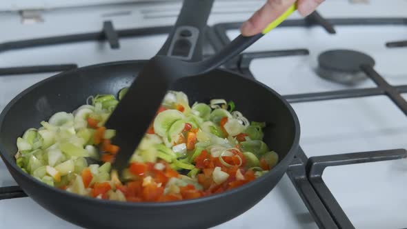 Add vegetables in the fry pan. alt