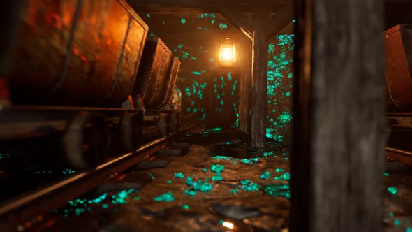 Uranium mine lit by a vintage lantern. Glowing green radioactive ore. 4KHD alt