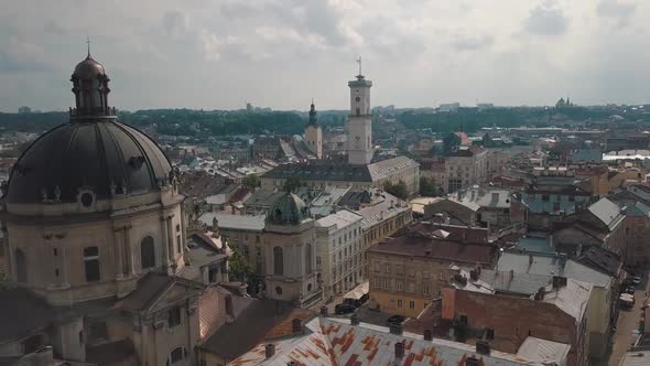Aerial Drone Video of European City Lviv, Ukraine. Rynok Square, Central Town Hall, Dominican Church alt