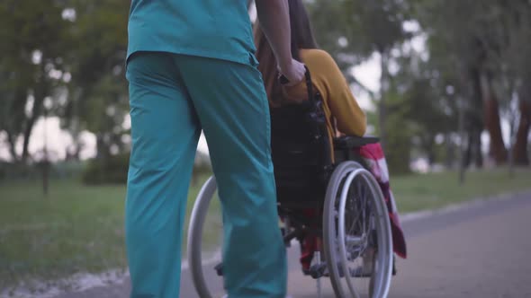 Back View of Male Nurse Rolling Wheelchair with Young Disabled Woman Along the Alley in Park alt
