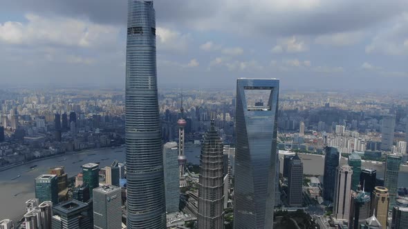 4K SHANGHAI, CHINA Aerial Pudong Towers FLY UP