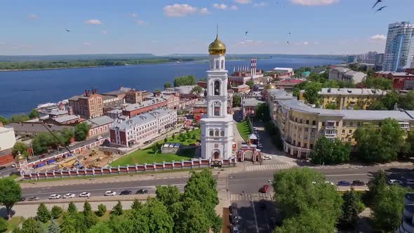 Orthodox Church and Old Historical Buildings in Samara City Aerial View