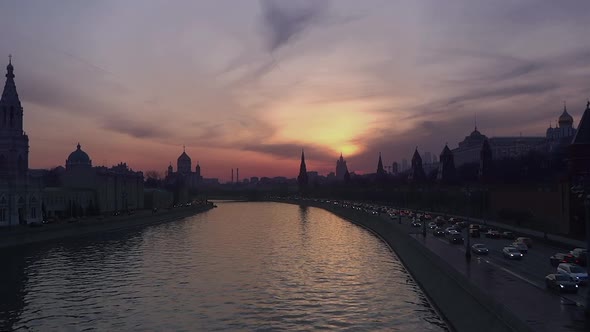 Moscow City and River - Kremlin Buildings - Sunset Twilight