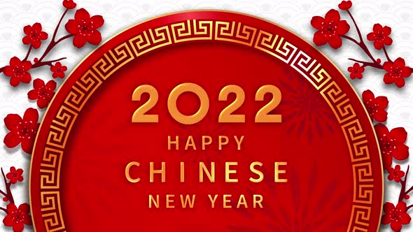 Happy Chinese New Year 2022 texts on red circle  frame background with oriental style decoration
