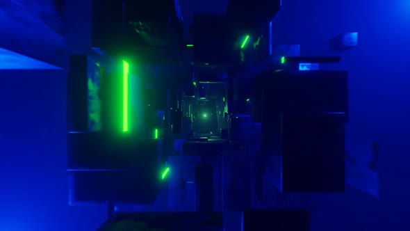 3d abstract technology looped cubic way in the outer space with green blinking lights in blue fog