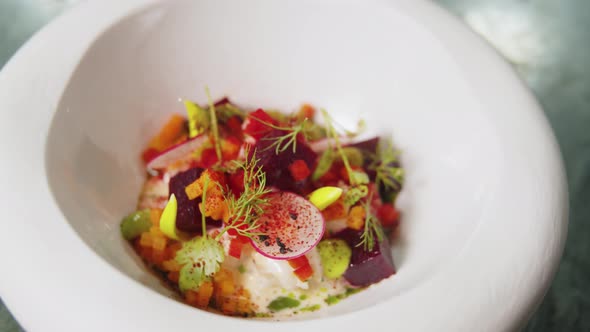 Set Table with Gourmet High Kitchen Dinner Plates and Dishes at the Restaurant alt