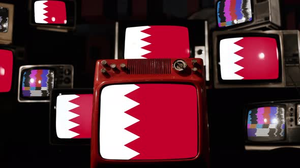Flag of Bahrain on Retro TVs. 4K.