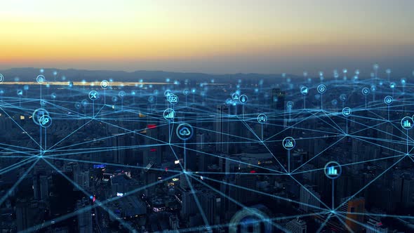 smart Connected city skyline. Futuristic network concept, city Technology. alt