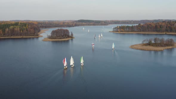 Sailing Boats in Regatta Race. Calm Relaxing Autumn Fall Season alt